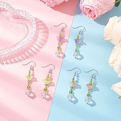 (52) Непрозрачная лаванда Болтаться серьги стекло цветок, платина, разноцветные, 56.5x11 мм, 3 пар / набор