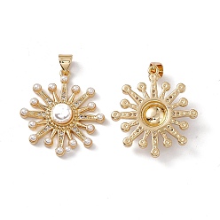 Настоящее золото 18K Латунные микро проложить кубического циркония подвески, без кадмия и без свинца, с ABS имитации жемчуга, солнечные чары, реальный 18 k позолоченный, 27x24.5x6.5 мм, отверстие : 5x3.5 мм