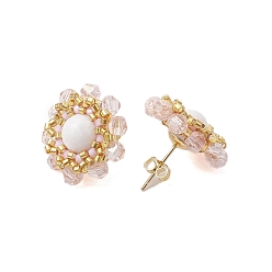 Misty Rose Flower Glass Seed Beaded with Natural Mashan Jade Stud Earrings for Women, Light Gold, Misty Rose, 20mm