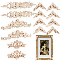 Amande Blanche 14pcs 4 styles d'appliques en bois sculptées et incrustées, décoration de la maison de meubles onlay non peints, fleur, amande blanchie, 72.5~330x57~300x7~7.5mm