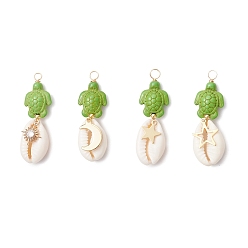 Желто-Зеленый 4 шт. 4 стили подвески из натуральной раковины каури и окрашенной синтетической бирюзы в виде черепахи, обмотанные медной проволокой, с подвесками из нержавеющей стали в виде солнца, луны и звезд, золотые, желто-зеленый, 45x15x7 мм, отверстие : 4 мм, 1 шт / стиль