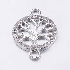 Real Platinum Plated Brass Micro Pave Cubic Zirconia Links, Clear, Flat Round with Tree of Life, Real Platinum Plated, 27x19x2mm, Hole: 3mm