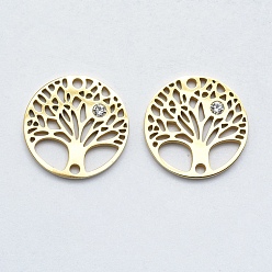Золотой 316 соединители из хирургической нержавеющей стали с микропаве из кубического циркония, древо жизни, прозрачные, золотые, 15x2 мм, отверстие : 1 мм