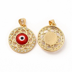 Red Rack Plating Brass Micro Pave Clear Cubic Zirconia Pendants, with Handmade Evil Eye Lampwork, Cadmium Free & Lead Free, Long-Lasting Real 18K Gold Plated, Flat Round with Flower Charm, Red, 21.5x19x4.5mm, Hole: 4.5x3.5mm