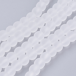 White Transparent Glass Bead Strands, Frosted, Round, White, 6mm, Hole: 1.3~1.6mm, about 140pcs/strand, 31.4 inch