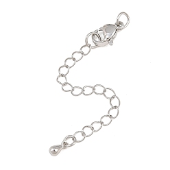 Platinum Brass Curb Chain Extender, End Chains with Lobster Claw Clasps and Teardrop Charms, Rack Plating, Lead Free & Cadmium Free, Long-Lasting Plated, Platinum, 69mm, Teardrop: 6x3mm
