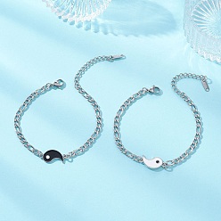 Нержавеющая Сталь Цвет 2шт. браслеты из сплава с эмалевыми звеньями, 304 браслеты из нержавеющей стали с цепочками Фигаро для пары, инь-ян, цвет нержавеющей стали, 7-5/8 дюйм (19.5 см)