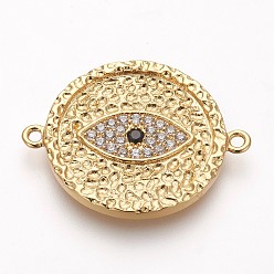 Золотой Латунные коннекторы, с кубического циркония, без свинца, без кадмии и без никеля, плоские круглые с сглаза, прозрачные, золотые, 20x26x2 мм, отверстие : 1.4 мм