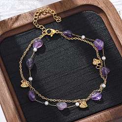Аметист Стиль богема 304 многорядные браслеты из нержавеющей стали с цепочкой, браслеты из натурального аметиста и сердечек для женщин, с пластиковой имитационной жемчужиной, 8-1/8 дюйм (20.5 см)