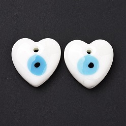 White Handmade Evil Eye Lampwork Pendants, Heart, White, 36x35x7.5mm, Hole: 3.5mm