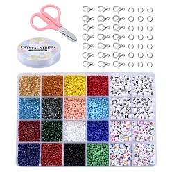 Mixed Color DIY Stretch Jewelry Sets Kits, with Acrylic & Glass Seed Beads, Elastic Crystal Thread, Iron Jump Rings, Stainless Steel Scissors and Alloy Lobster Claw Clasps, Mixed Color