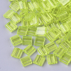 Green Yellow 2-Hole Baking Paint Transparent Glass Seed Beads, Rectangle, Green Yellow, 5x4.5~5.5x2~2.5mm, Hole: 0.5~0.8mm