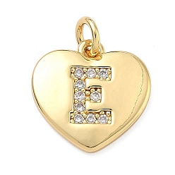 Letter E Латунные микропаве прозрачные подвески с фианитом, сердце прелести, без кадмия и без свинца, стойки покрытие, долговечный, реальный 18 k позолоченный, Письмо E, 15x15x2 мм, отверстие : 3 мм