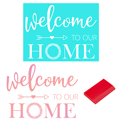 Light Sea Green 2Pcs Word Welcome to Our Home Pattern Self-Adhesive Silk Screen Printing Stencil, and TPU Scraper, Light Sea Green, 280x215mm, 2pc/set