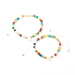 Yellow Electroplate Glass Nylon Thread Braided Bead Bracelets for Mom and Daughter, with Natural Shell Beads, Smile, Yellow, Inner Diameter: 2.01~3.07 inch(51~78mm), 1.69~2.64 inch(43~67mm), 2pcs/set 
