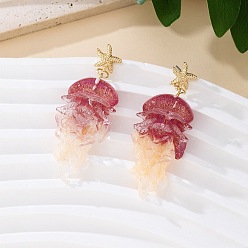 Hot Pink Alloy Acrylic Stud Dangle Earrings for Women, Jellyfish, Golden, Hot Pink, 70x25mm
