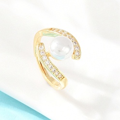 Настоящее золото 18K Кольца для женщин с микропаве из латуни и кубическими цирконами, круглые, с абс пластмассовой имитационной жемчужиной, реальный 18 k позолоченный, 14 мм, размер США 5 1/2 (16.1 мм)