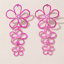 Ярко-Розовый Серьги-гвоздики из сплава и искусственного жемчуга ко Дню святого Валентина, полые цветок, ярко-розовый, 95x42 мм