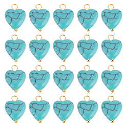 Синтетическая Бирюза 50Подвески из искусственной бирюзы шт., шарма сердца, с золотыми латунными штифтами с шаровой головкой, 14x10x5 мм, отверстие : 2 мм
