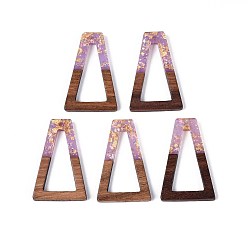 Средний Фиолетовый Подвески из непрозрачной смолы и орехового дерева, трапециевидные подвески, с блестящей пудрой и золотой фольгой, средне фиолетовый, 38x24.5x3 мм, отверстие : 2 мм