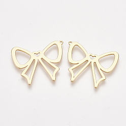 Real 18K Gold Plated Brass Pendants, Bowknot, Nickel Free, Real 18K Gold Plated, 21.5x25.5x1mm, Hole: 0.9mm