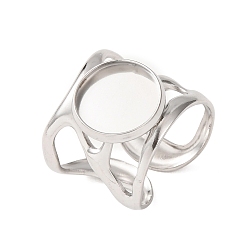 Stainless Steel Color 304 Stainless Steel Cuff Ring Components, Round Pad Ring Setting, Stainless Steel Color, 18mm,18mm, Tray Size: 12mm