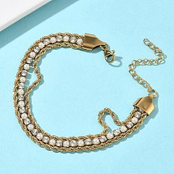 Настоящее золото 18K 304 Двухслойный браслет из нержавеющей стали с цепочкой из страз для женщин, плоско-круглые, со стразами и пластиковыми бусинами, имитирующими жемчуг, ионное покрытие (ip), долговечный, реальный 18 k позолоченный, 7.01 дюйм (17.8 см)