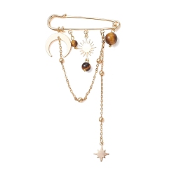 Настоящее золото 18K Броши-подвески из тигрового глаза, латуни и нержавеющей стали, железа килт контакты, солнце и звезда и луна, реальный 304 k позолоченный, 18 мм