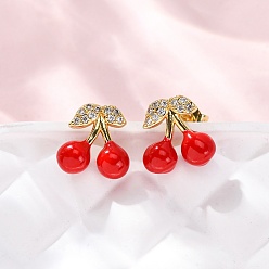 Вишня Латунные микро проложить серьги стержня кубического циркония, с эмалью, без кадмия и без свинца, стойки покрытие, долговечный, золотые, вишня, 9.5x10 мм