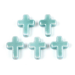 Средний Бирюзовый Фарфоровые бусины ручной работы, яркие глазированный фарфор, крестик, средне бирюзовый, 16~17x13~13.5x5~5.5 мм, отверстие : 1.4~1.8 мм