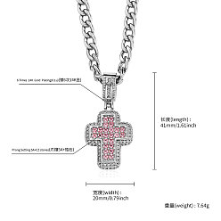 Серебро Женские ожерелья с подвеской-крестом из розового кубического циркония с микропаве из латуни и витой цепочкой, серебряные, 19.69 дюйм (50 см), Кулон : 41x20 мм