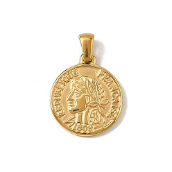 Настоящее золото 18K 304 подвески из нержавеющей стали, ионное покрытие (ip), плоский круглый с человеческим обаянием, реальный 18 k позолоченный, 21.5x18x2 мм, отверстие : 4.5x3 мм