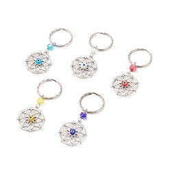 Mixed Color Flower Keychain, Tibetan Style Alloy Pendant & Handmade Evil Eye Lampwork Keychain, with Iron Findings, Mixed Color, 6.5cm