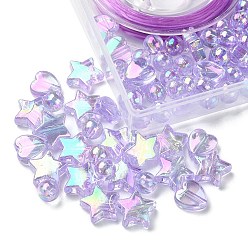 Lilas Kit de fabrication de bracelet extensible bricolage, y compris coeur, étoile et perles acryliques rondes, fil élastique, lilas, perles: 6~10x3~6 mm, Trou: 1~1.5mm, 200 pcs / boîte