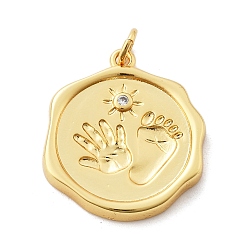 Прозрачный Стойка металлическая латунная микропрофилированная кубическая циркония подвески, круглая с отпечатками ладоней и ног, с целью перехода в кольце, без свинца и без кадмия, долговечный, реальный 18 k позолоченный, прозрачные, 22.5x20x3.5 мм, отверстие : 3 мм