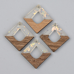 Clear Transparent Resin & Walnut Wood Pendants, with Paillette/Sequin, Rhombus, Clear, 27.5x27.5x3mm, Hole: 2mm, Side Length: 19.5mm
