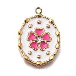 Золотой 304 нержавеющей стальной эмали подвески, со стразами, овал с цветочной подвеской, золотые, 21x14.5x2.5 мм, отверстие : 1.4 мм