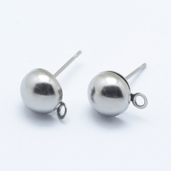 Stainless Steel Color Non-Tarnish 304 Stainless Steel Stud Earring Settings, with Loop, Half Round, Stainless Steel Color, 17mm, Hole: 2mm, Pin: 0.8mm, Tray: 10.5x8mm