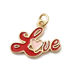 Красный Латунь эмаль подвески, со словом любовь, стойки покрытие, долговечный, без кадмия и без свинца, реальный 18 k позолоченный, с целью перехода в кольце, красные, 15x19.5x1.5 мм, отверстие : 3.2 мм