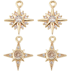 Настоящее золото 14K 16 шт 2 стиль латунь микропаве прозрачные подвески из кубического циркония, без кадмия и без свинца, смешанный звезда, реальный 14 k позолоченный, 14x12x2.5~3 мм, отверстие : 1.2 мм, 8 шт / стиль