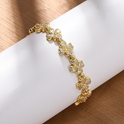 Золотой Латунные браслеты с микропаве из прозрачных кубических цирконий для женщин, клевер, без кадмия и без свинца, стойки покрытие, долговечный, золотые, 6-1/2 дюйм (16.5 см)