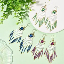 Mixed Color Star Glass Seed Beaded Dangle Tassel Earrings, Brass Ring and 304 Stainless Steel Dangle Earrings for Women, Golden, Mixed Color, 95.5~96.5x20mm