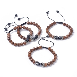 Mixed Stone Adjustable Natural & Synthetic Mixed Gemstone Braided Bead Bracelets, with Dyed Wood Beads, Nylon Thread and Antique Silver Plated Alloy Crown Beads, 2 inch~3-3/8 inch(5~8.5cm)
