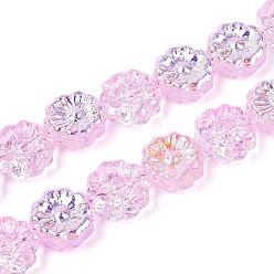Бледно-Розовый Гальванизируйте прозрачное стекло бисер нитей, цветка сливы, с покрытием AB цвета, розовый жемчуг, 14~14.5x14~14.5x6~6.5 мм, отверстие : 1~1.2 мм, около 45 шт / нитка, 24.41~24.80 дюйм (62~63 см)