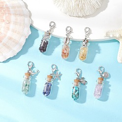 Смешанные камни Чакра натуральный лазурит, аметист, сердолик, цитрин, гранат, зеленый авантюрин и синтетическая бирюзовая крошка внутри стеклянной бутылки желаний подвеска украшение, с подвесками из сплава океанских животных, 53 мм, 7 шт / комплект