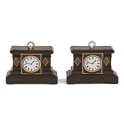 Coconut Brown Printed Opaque Resin Pendants, Mantel Clock
 Charms, with Platinum Iron Loop, Coconut Brown, 22.5x27.5x9.5mm, Hole: 2mm