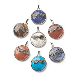 Mixed Stone Mixed Gemstone Pendants, with Platinum Tone Brass Findings, Flat Round with Glasses, 32~32.5x27.5x9mm, Hole: 6.5x5mm