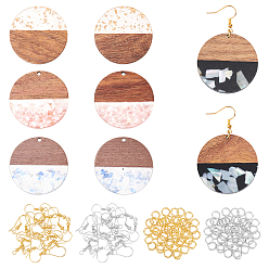 Mixed Color DIY Earring Making Kit, Including Flat Round Resin & Walnut Wood Pendants, Two Tone with Shell Chips, Brass Earring Hooks and Open Jump Rings, Mixed Color, Pendants: 38.5x3.5mm, Hole: 2mm, 8pcs/box