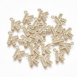 Letter K Brass Cubic Zirconia Charms, Letter, Clear, Real 18K Gold Plated, Letter.K, 10x8.5x1.5mm, Hole: 1mm