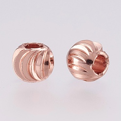 Rose Gold Brass Spacer Beads, Long-Lasting Plated, Corrugated Round, Rose Gold, 5x4mm, Hole: 2mm